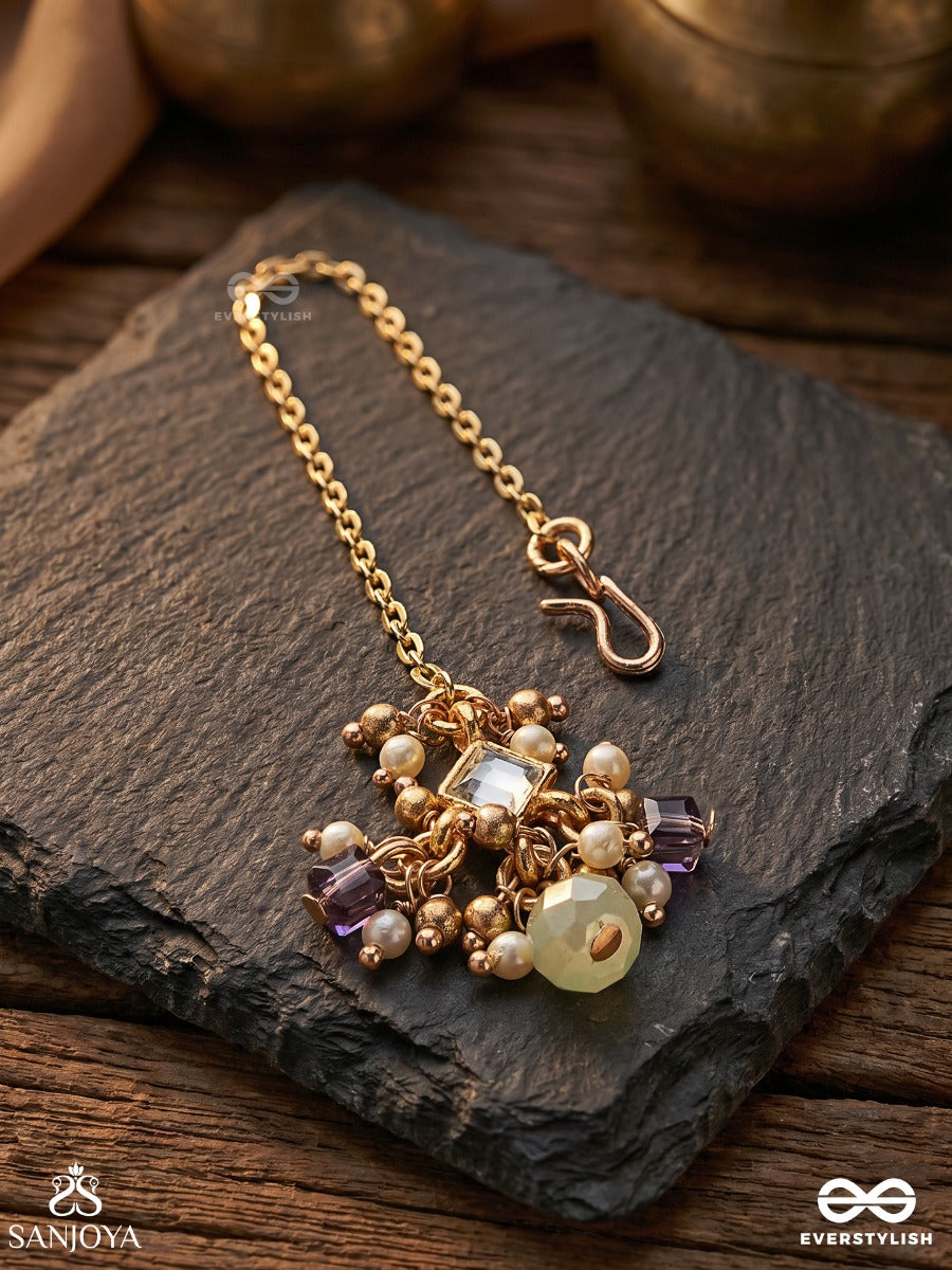 Harshita - The Joyful One- Delicate Pearl Maangtika With Mini Kundan Blooms And Green Gem Droplets