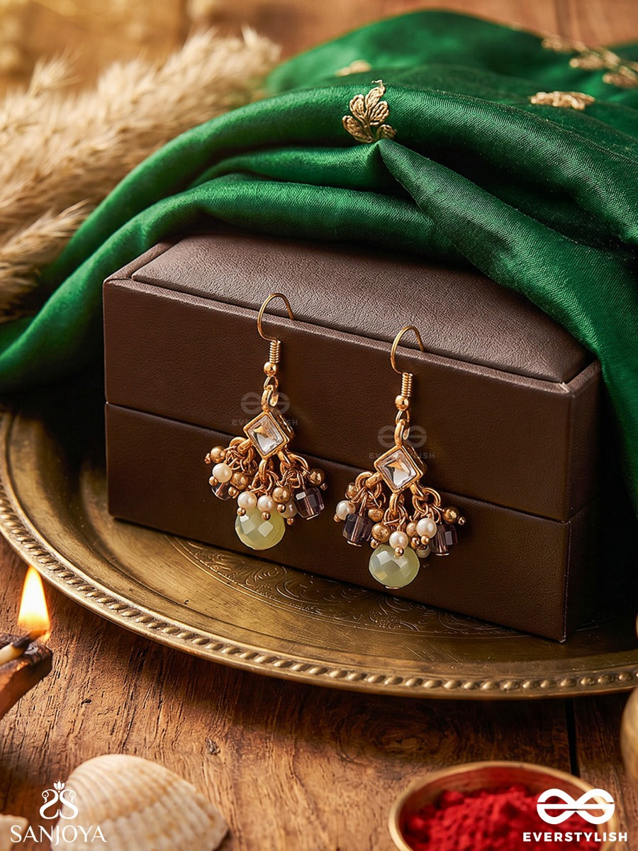 Harshita - The Joyful One- Delicate Pearl Earrings With Mini Kundan Blooms And Green Gem Droplets