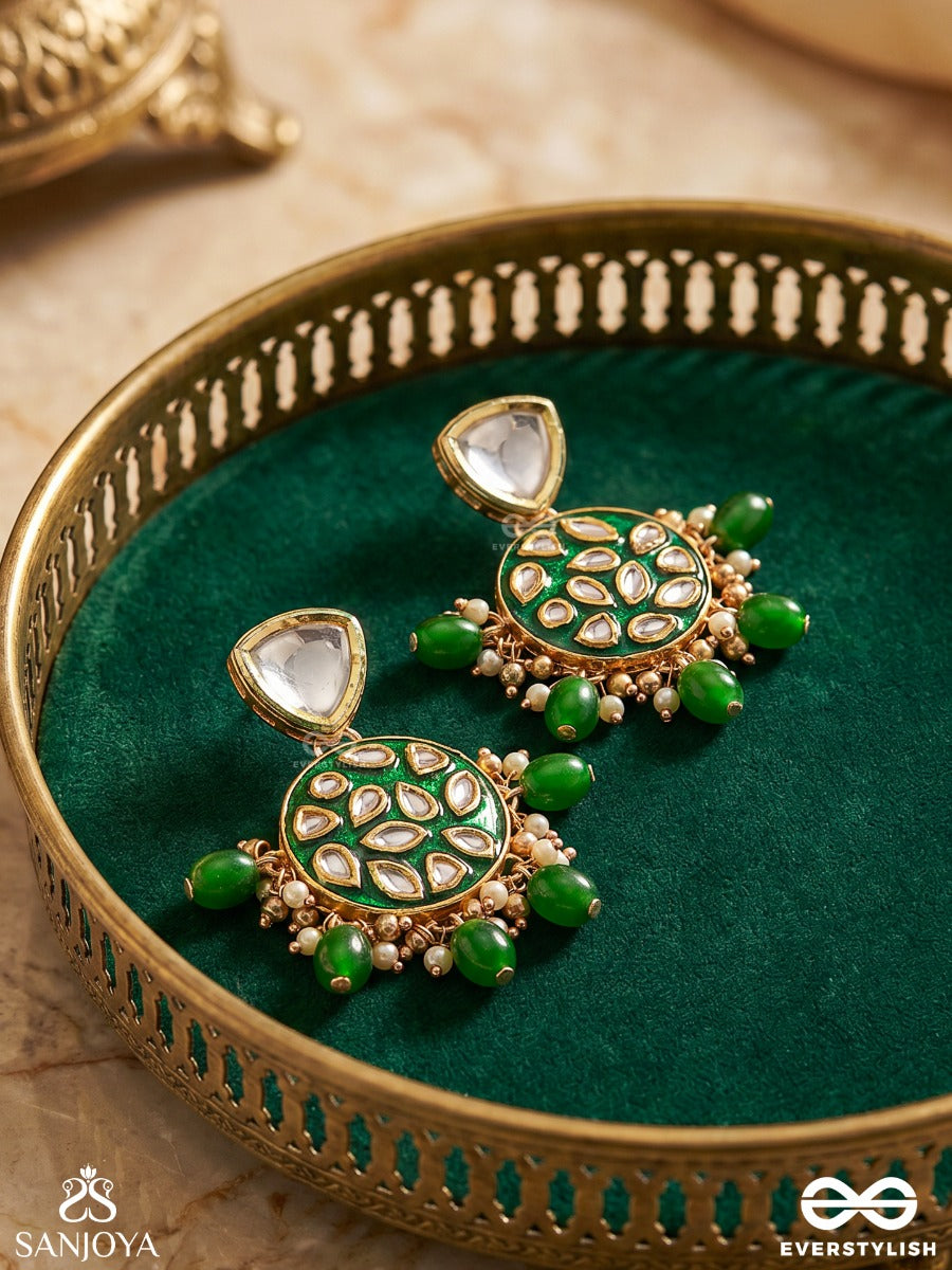 Arunodaya - Dawn Rays- Symmetrical Kundan Polki Earrings With Emerald Green Enamel Accent, Pearls And Beads