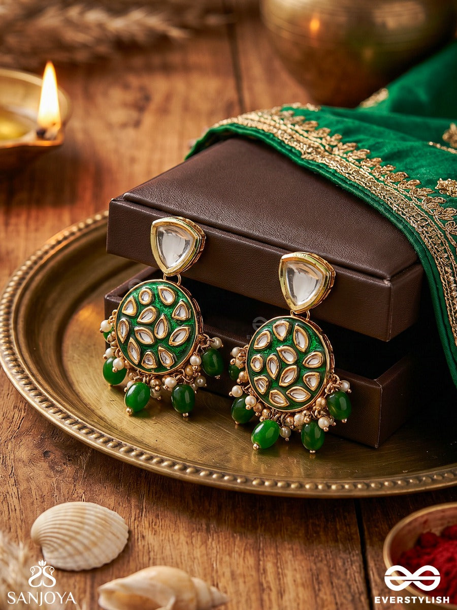 Arunodaya - Dawn Rays- Symmetrical Kundan Polki Earrings With Emerald Green Enamel Accent, Pearls And Beads