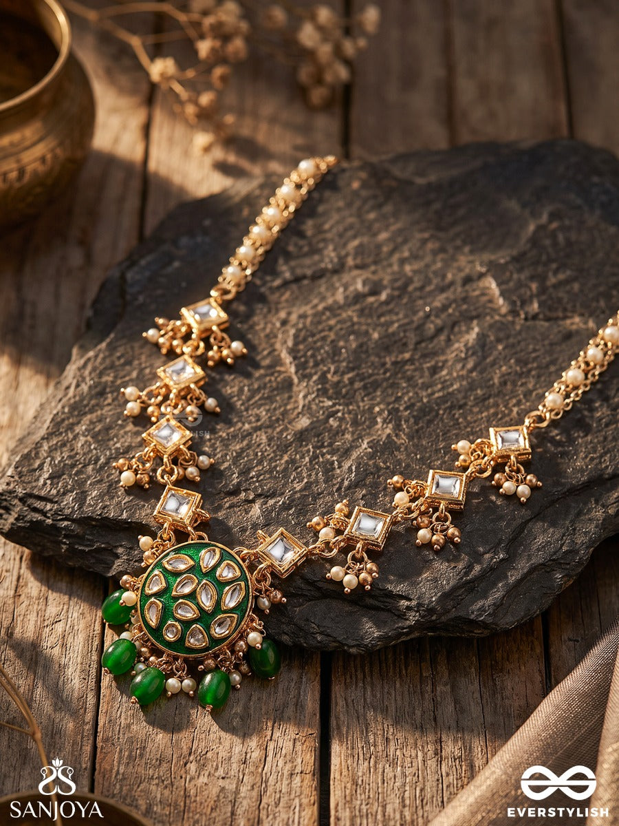 Arunodaya - Dawn Rays- Symmetrical Kundan Polki Neckpiece With Emerald Green Enamel Accent, Pearls And Beads