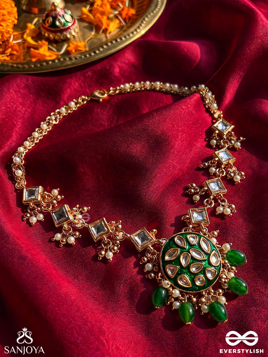 Arunodaya - Dawn Rays- Symmetrical Kundan Polki Neckpiece With Emerald Green Enamel Accent, Pearls And Beads