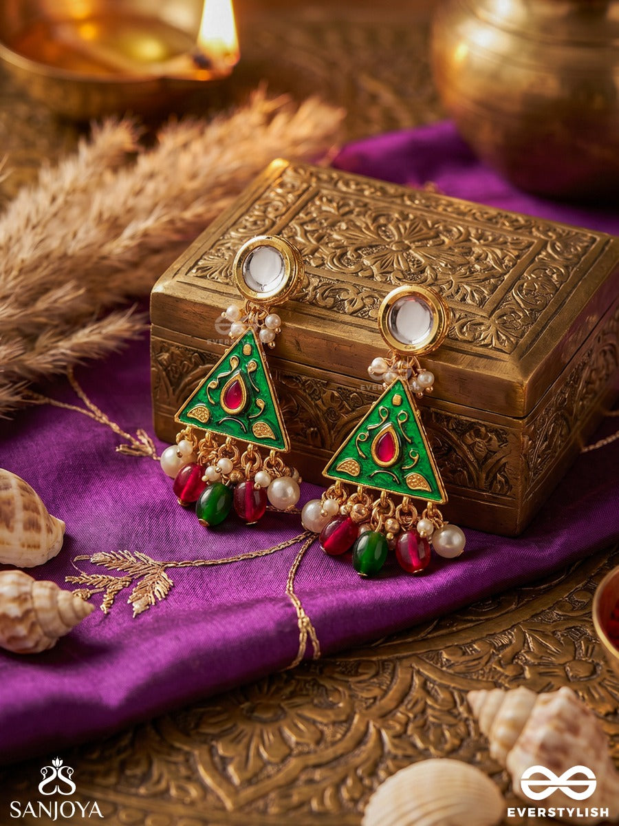 Ranglekha - Lines Of Color- Layered Golden Chained Kundan Earrings With Vibrant Gem Drops And Floral Enameled Edges