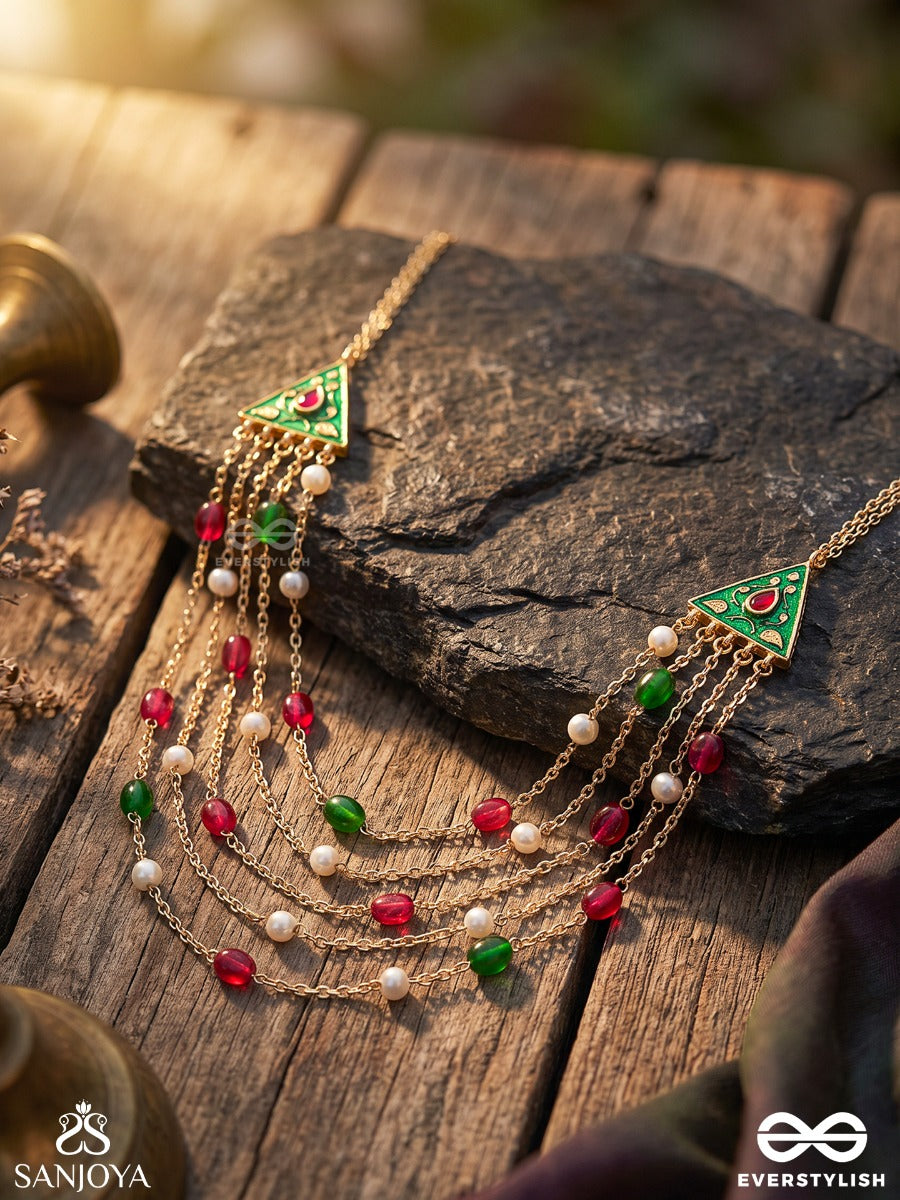 Ranglekha - Lines Of Color- Layered Golden Chained Kundan Neckpiece With Vibrant Gem Drops And Floral Enameled Edges