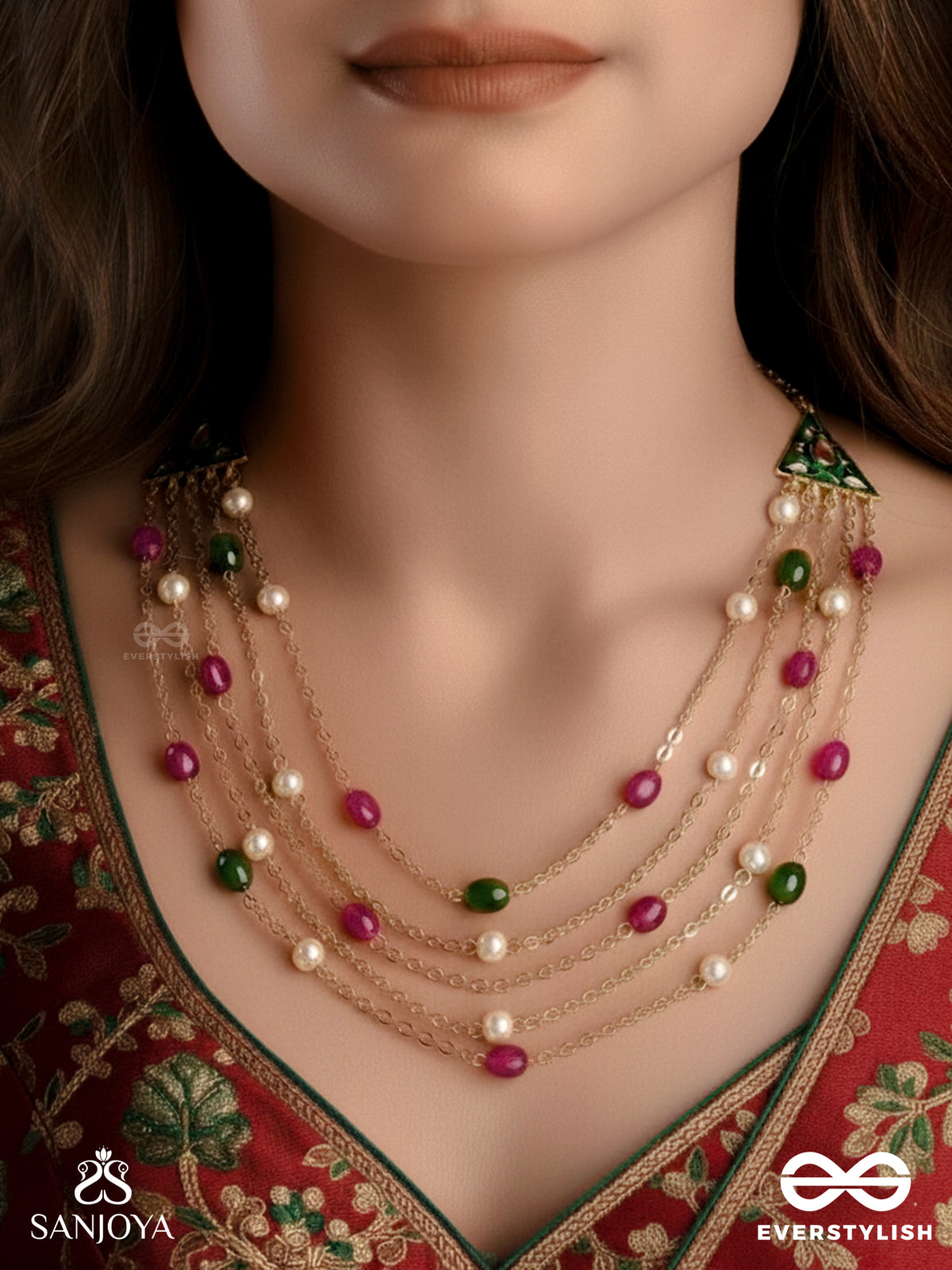 Ranglekha - Lines Of Color- Layered Golden Chained Kundan Neckpiece With Vibrant Gem Drops And Floral Enameled Edges