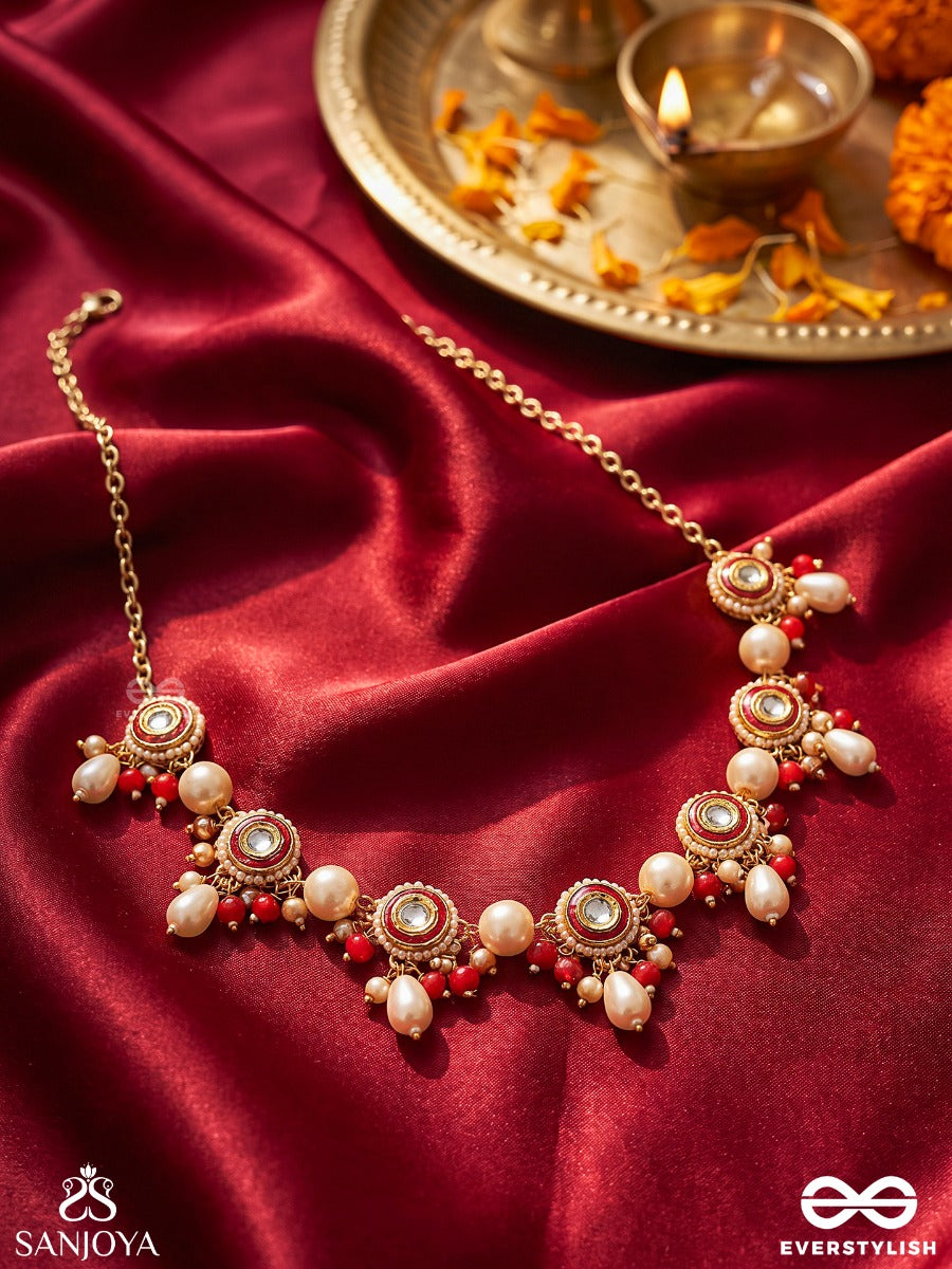 Ratnapankti - Row Of Jewels - Delicate Necklace With Mini Gem Motifs And Pearl Drop Accents