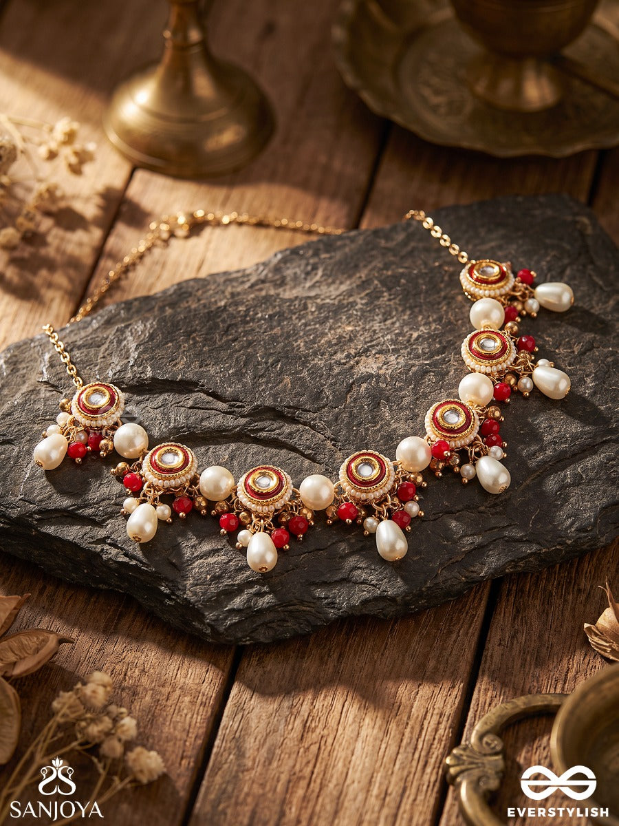Ratnapankti - Row Of Jewels - Delicate Necklace With Mini Gem Motifs And Pearl Drop Accents