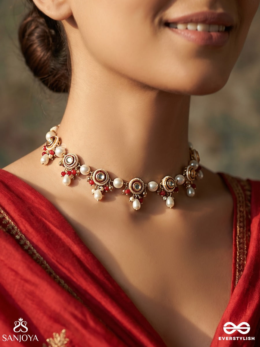 Ratnapankti - Row Of Jewels - Delicate Necklace With Mini Gem Motifs And Pearl Drop Accents