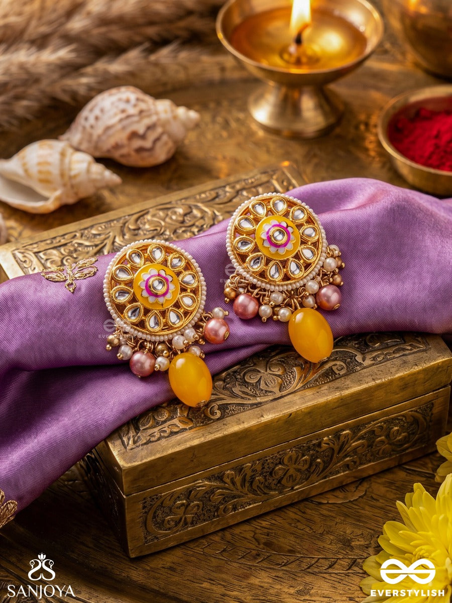 Madhuvarnika - Honey Hue- Soft Feminine Kundan Earrings Featuring Pearls And Pastel Gemstone Drops