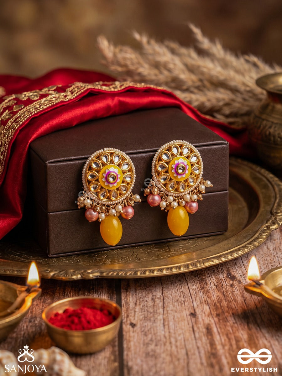 Madhuvarnika - Honey Hue- Soft Feminine Kundan Earrings Featuring Pearls And Pastel Gemstone Drops