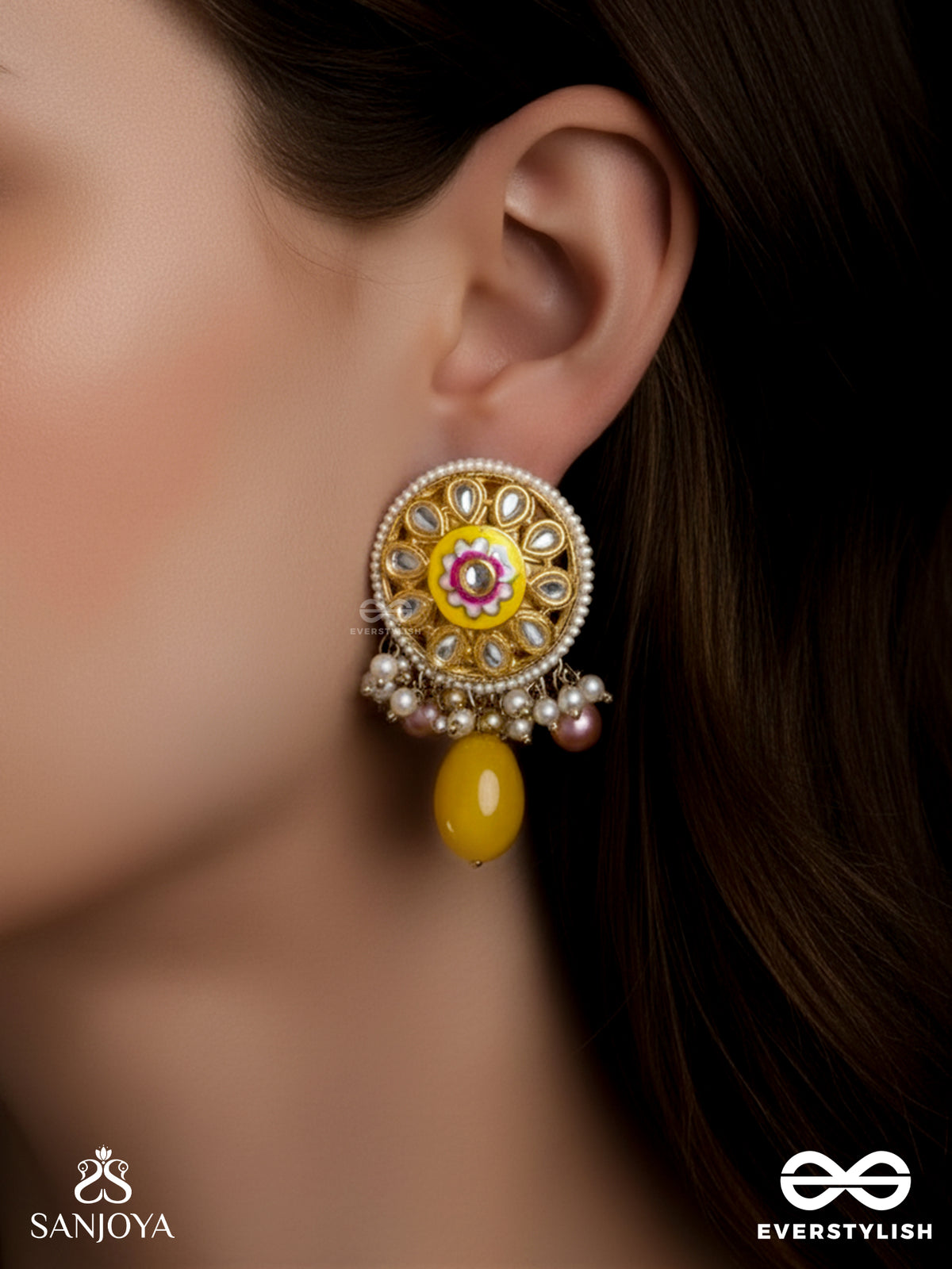 Madhuvarnika - Honey Hue- Soft Feminine Kundan Earrings Featuring Pearls And Pastel Gemstone Drops