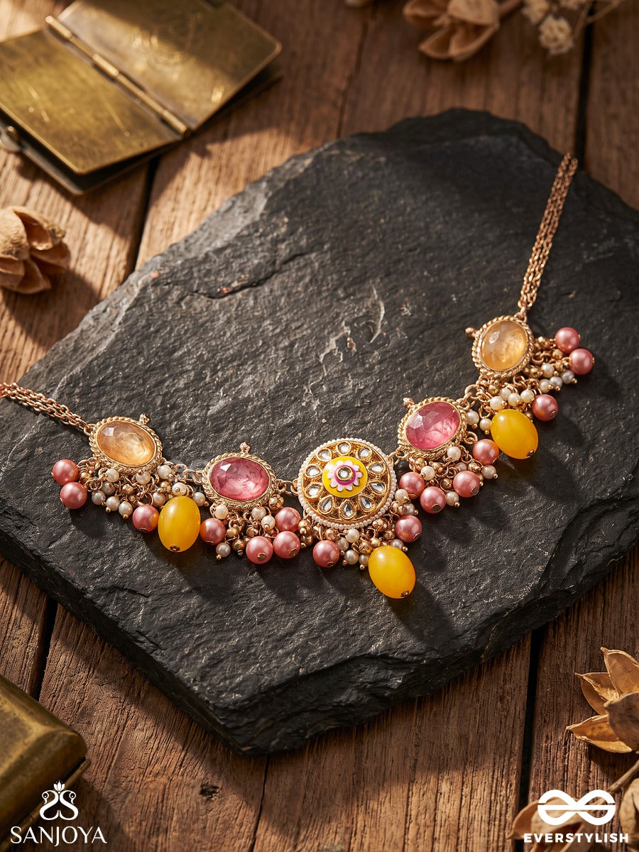 Madhuvarnika - Honey Hue- Soft Feminine Kundan Neckpiece Featuring Pearls And Pastel Gemstone Drops
