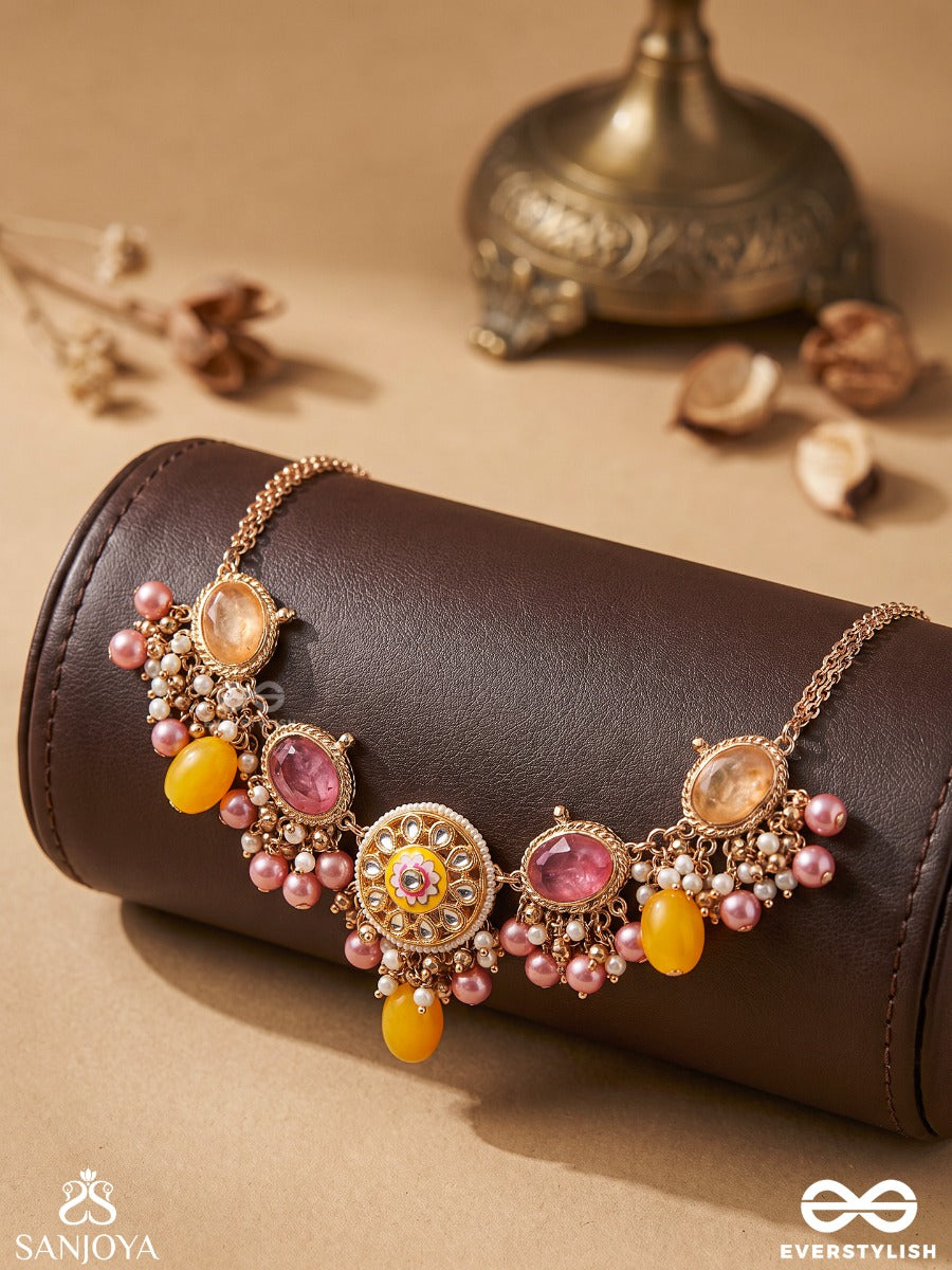 Madhuvarnika - Honey Hue- Soft Feminine Kundan Neckpiece Featuring Pearls And Pastel Gemstone Drops