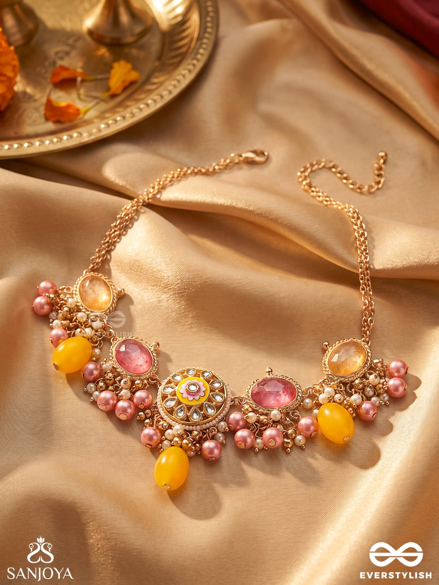 Madhuvarnika - Honey Hue- Soft Feminine Kundan Neckpiece Featuring Pearls And Pastel Gemstone Drops
