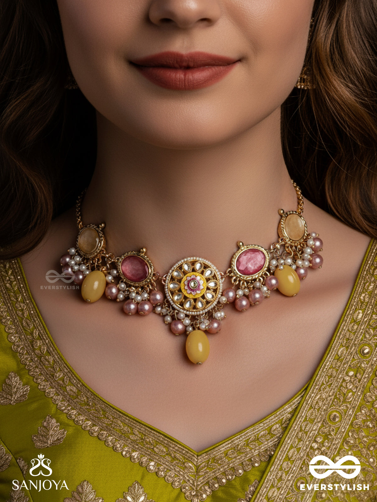 Madhuvarnika - Honey Hue- Soft Feminine Kundan Neckpiece Featuring Pearls And Pastel Gemstone Drops