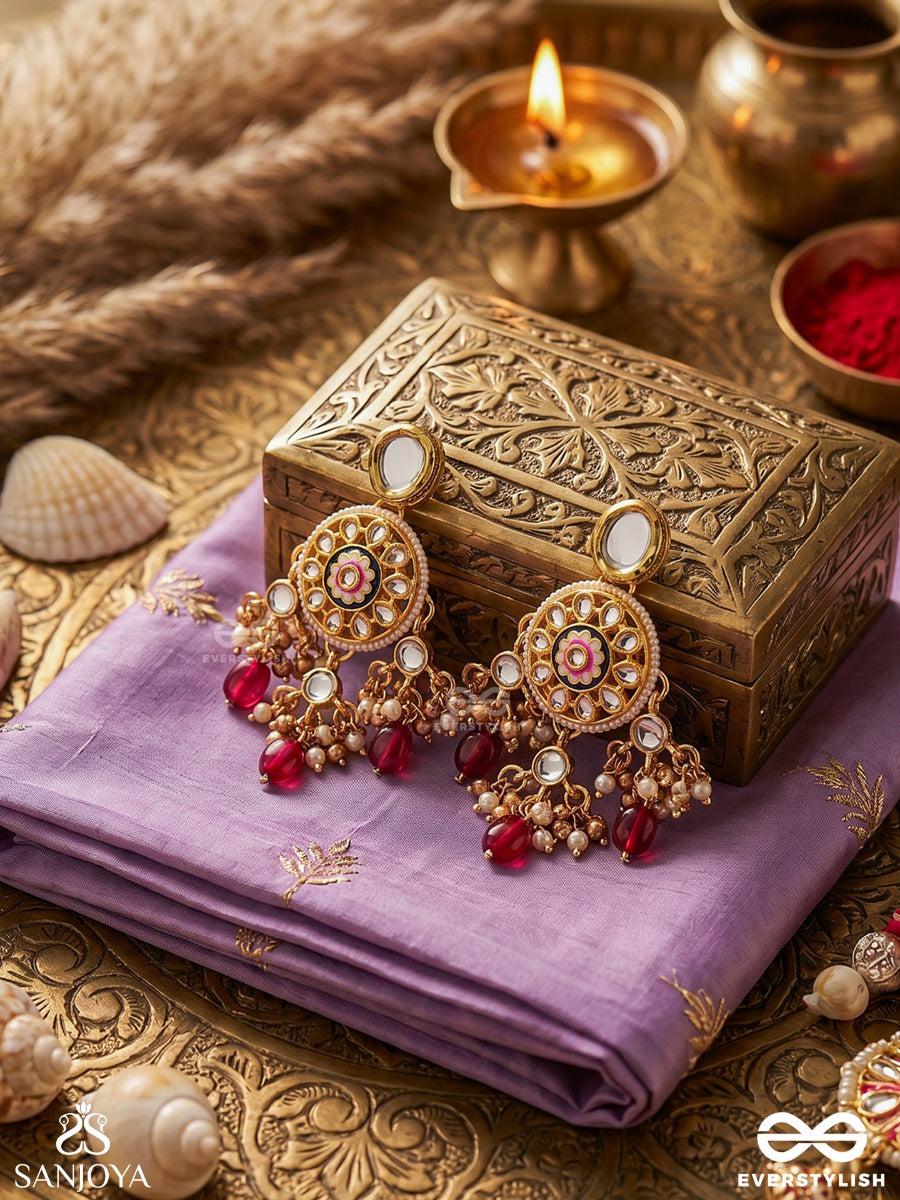 Tribandhura - Three-Stranded Beauty- Kundan Earring With Floral Enamelled Medallions And Ruby Drops