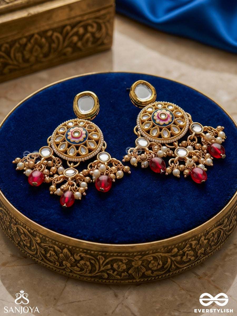 Tribandhura - Three-Stranded Beauty- Kundan Earring With Floral Enamelled Medallions And Ruby Drops