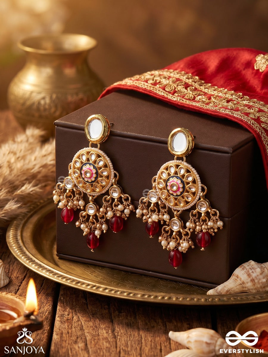 Tribandhura - Three-Stranded Beauty- Kundan Earring With Floral Enamelled Medallions And Ruby Drops