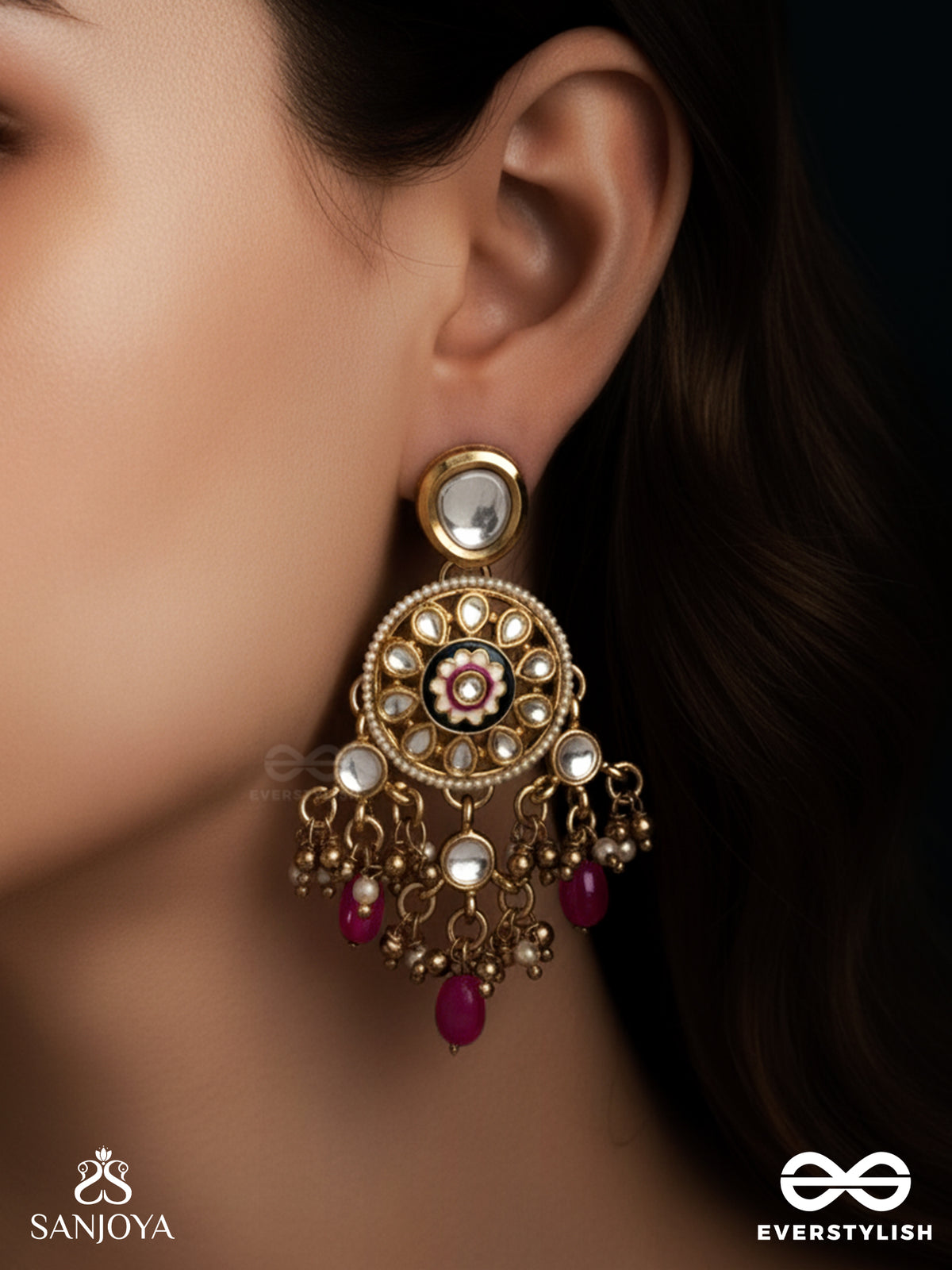 Tribandhura - Three-Stranded Beauty- Kundan Earring With Floral Enamelled Medallions And Ruby Drops