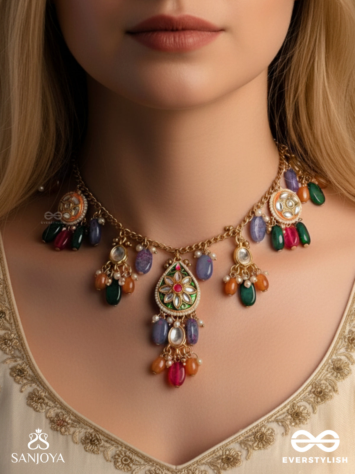 Rangkusuma - Bloom Of Colors- Vibrant Kundan Necklace With Beads, Pearls And Enamelling