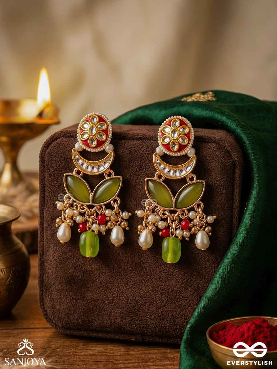 Tulsiraga - Touch Of Tulsi- Elegant Pearl Layered Earrings With Kundan, Gemstone And Rich Ruby Droplets