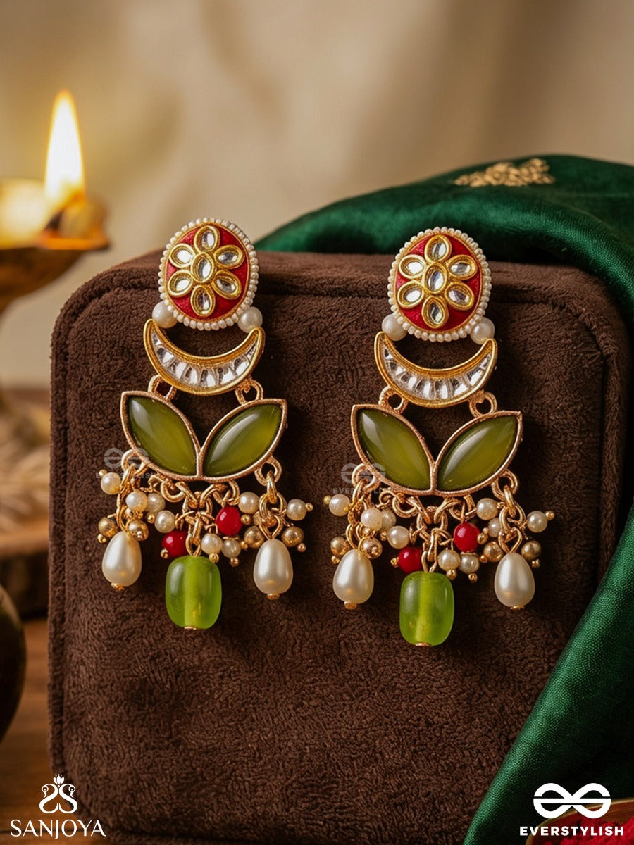 Tulsiraga - Touch Of Tulsi- Elegant Pearl Layered Earrings With Kundan, Gemstone And Rich Ruby Droplets