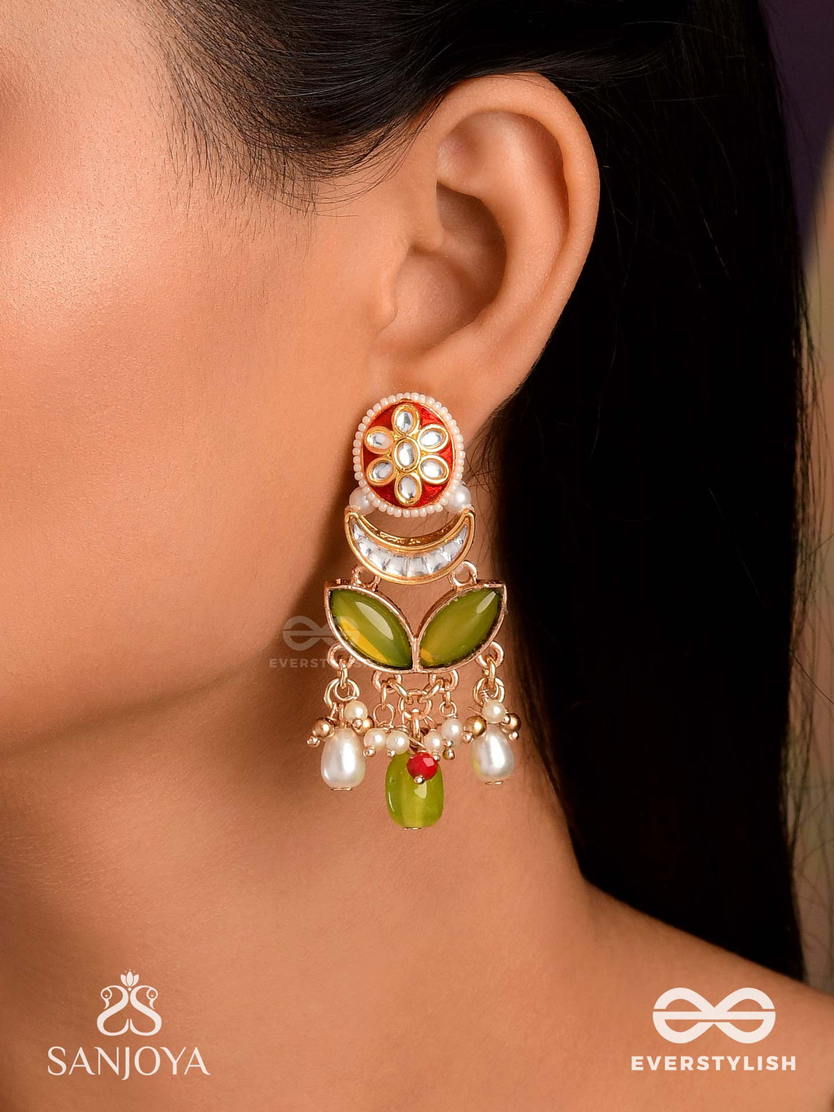 Tulsiraga - Touch Of Tulsi- Elegant Pearl Layered Earrings With Kundan, Gemstone And Rich Ruby Droplets