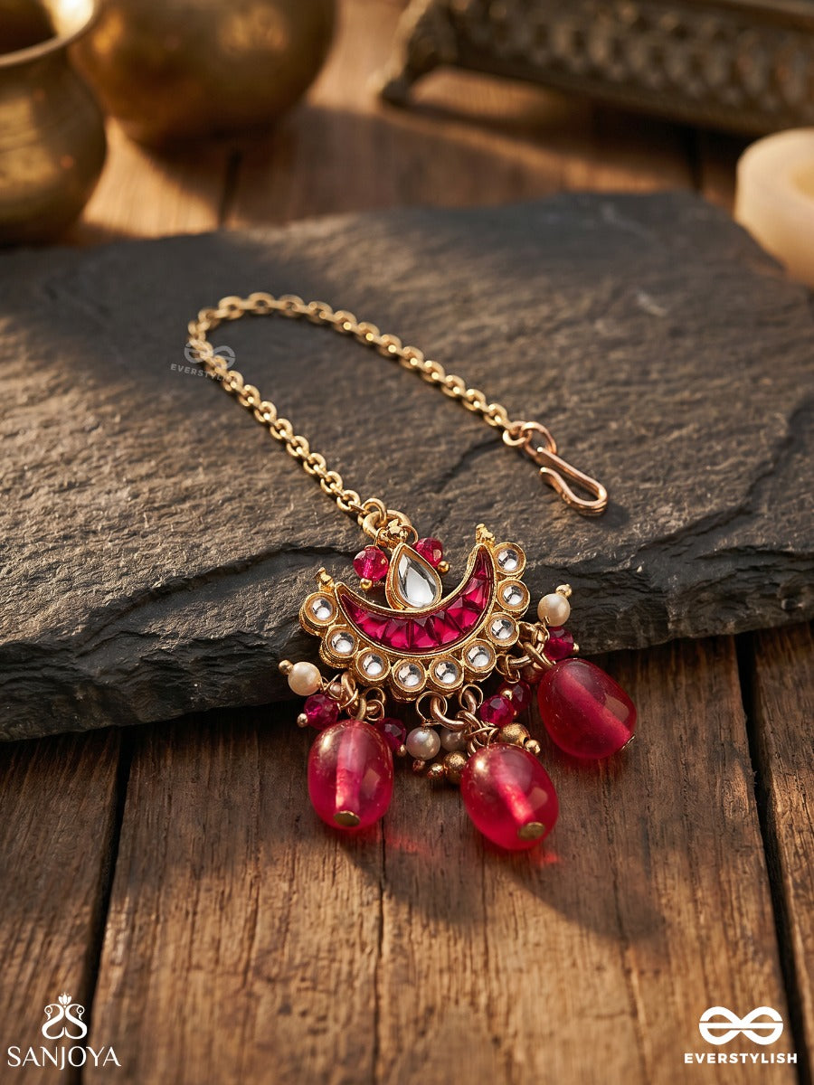 Kamalangi - Lotus-Bodied- Floral Enamel Centre Design Maangtika With Triple Chain Layers And Ruby Baeds And Pearls