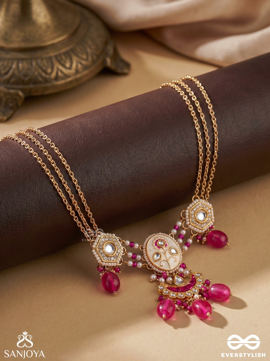 Kamalangi - Lotus-Bodied- Floral Enamel Centre Design Neckpiece With Triple Chain Layers And Ruby Baeds And Pearls