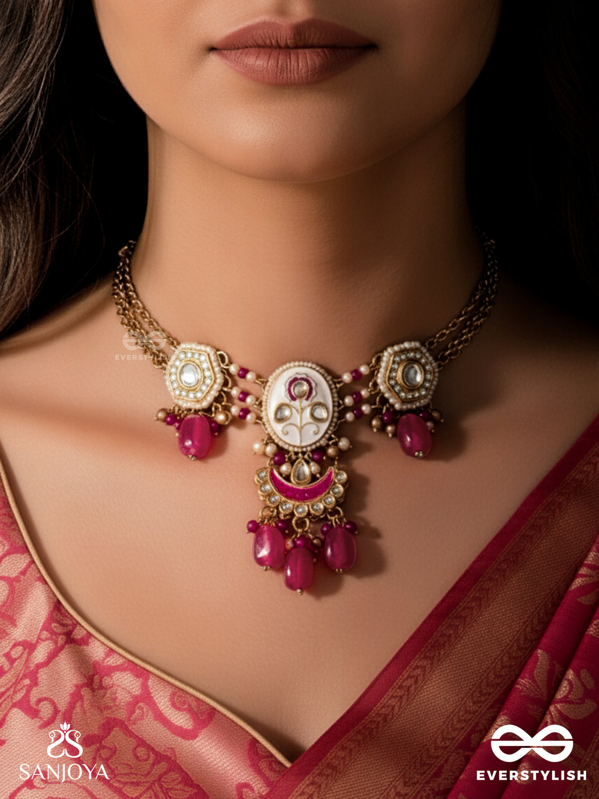 Kamalangi - Lotus-Bodied- Floral Enamel Centre Design Neckpiece With Triple Chain Layers And Ruby Baeds And Pearls