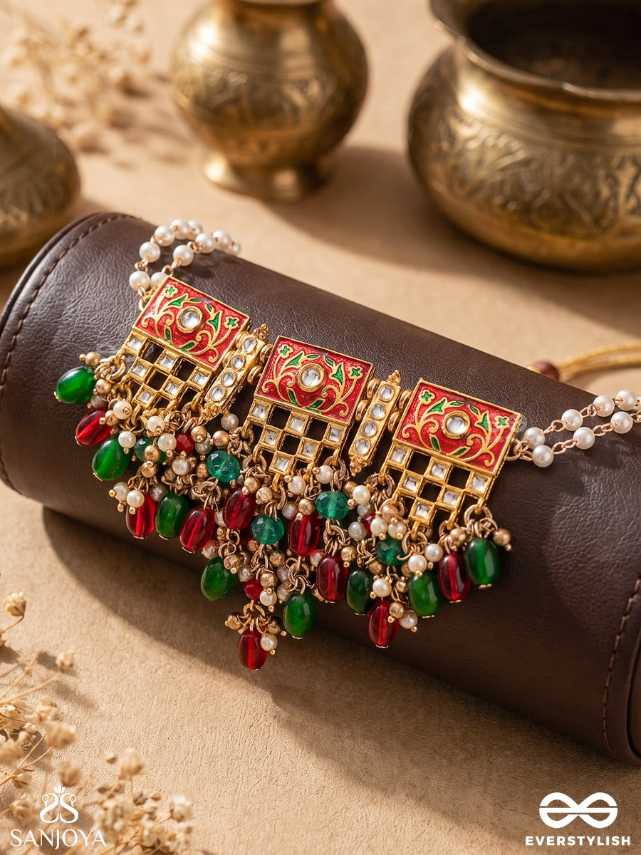 Shubhadra - Auspicious Beauty- Geometric Kundan Enamelled Neckpiece With Pearls And Beads