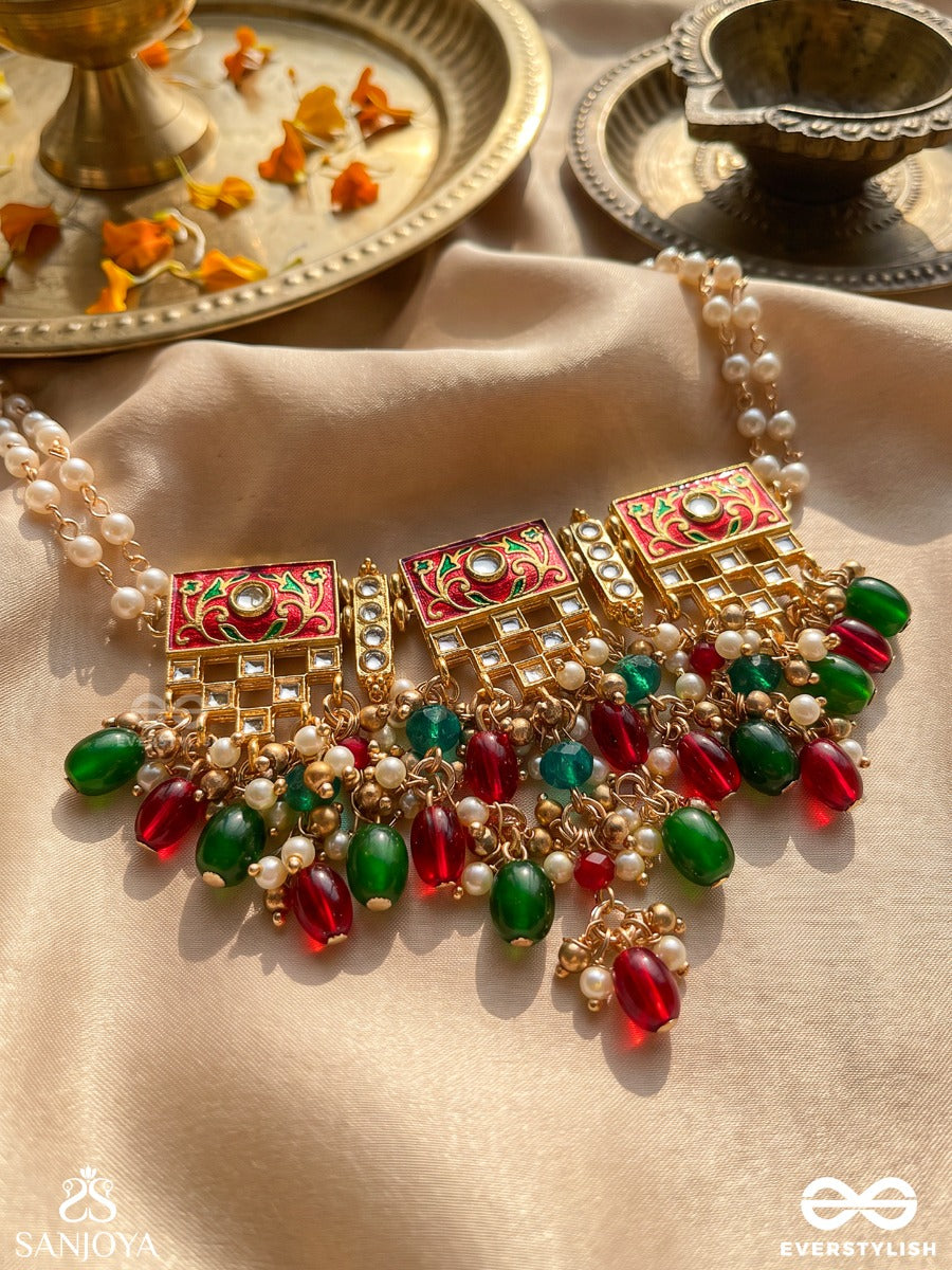Shubhadra - Auspicious Beauty- Geometric Kundan Enamelled Neckpiece With Pearls And Beads