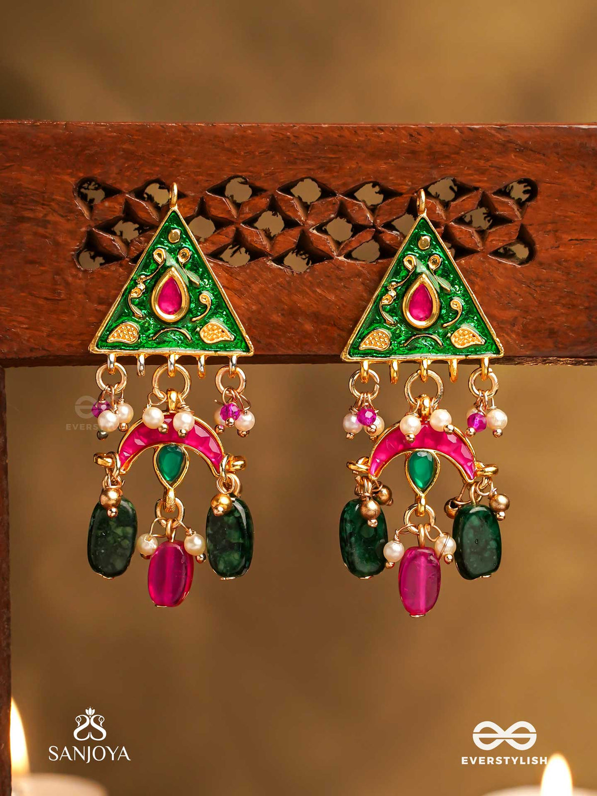 Trikonika - Triangular Beauty- Enameled Triangle Top Earrings With Red Crescent, Pearls And Beads