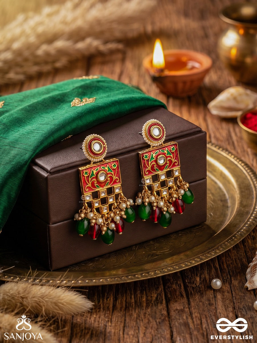 Shubhadra - Auspicious Beauty- Geometric Kundan Enamelled Earrings With Pearls And Beads