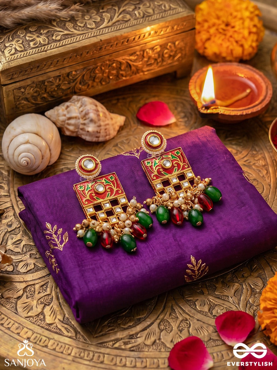 Shubhadra - Auspicious Beauty- Geometric Kundan Enamelled Earrings With Pearls And Beads