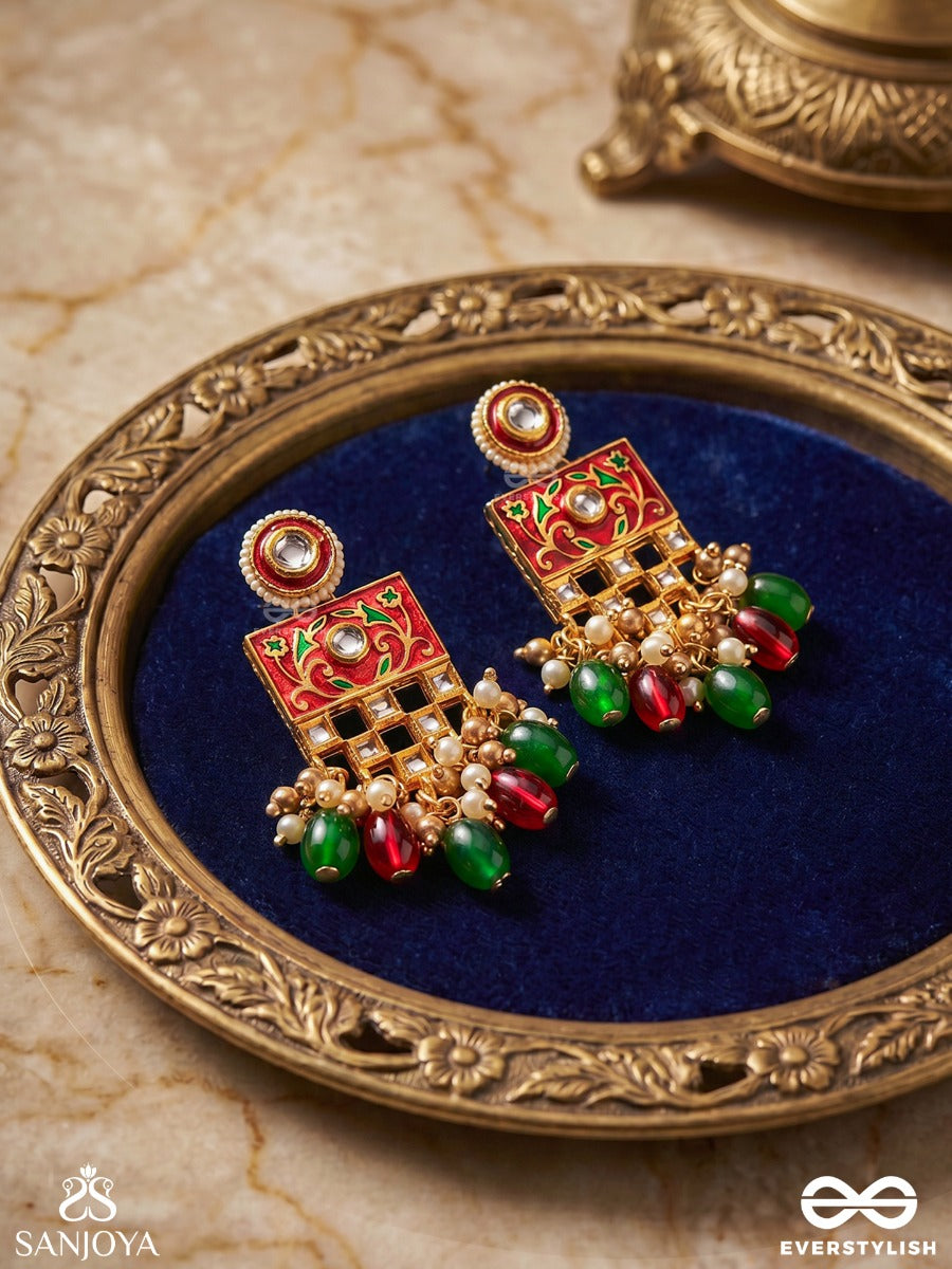 Shubhadra - Auspicious Beauty- Geometric Kundan Enamelled Earrings With Pearls And Beads