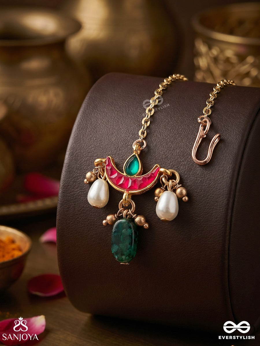 Trikonika - Triangular Beauty- Maangtika With Red Crescent, Pearls And Beads