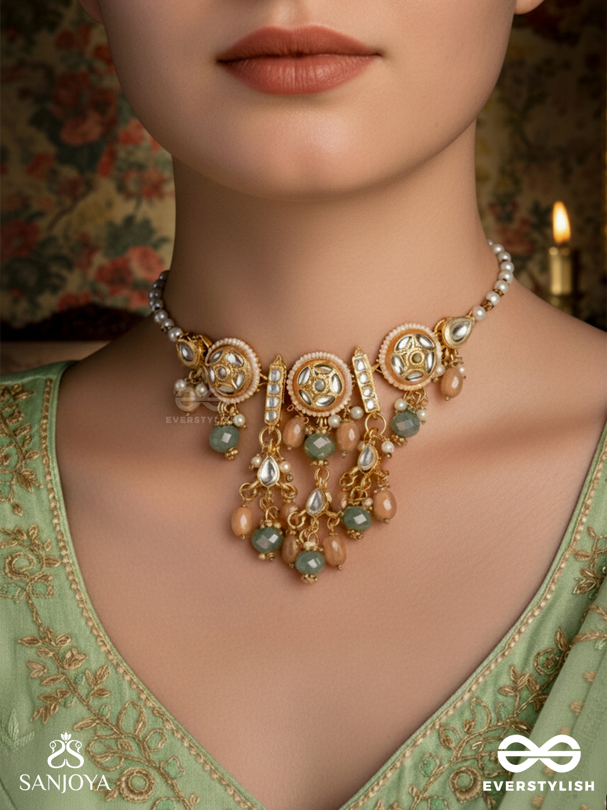 Ragtanika - Colored Composition- Heritage Style Kundan Neckpiece With Pearls And Beads