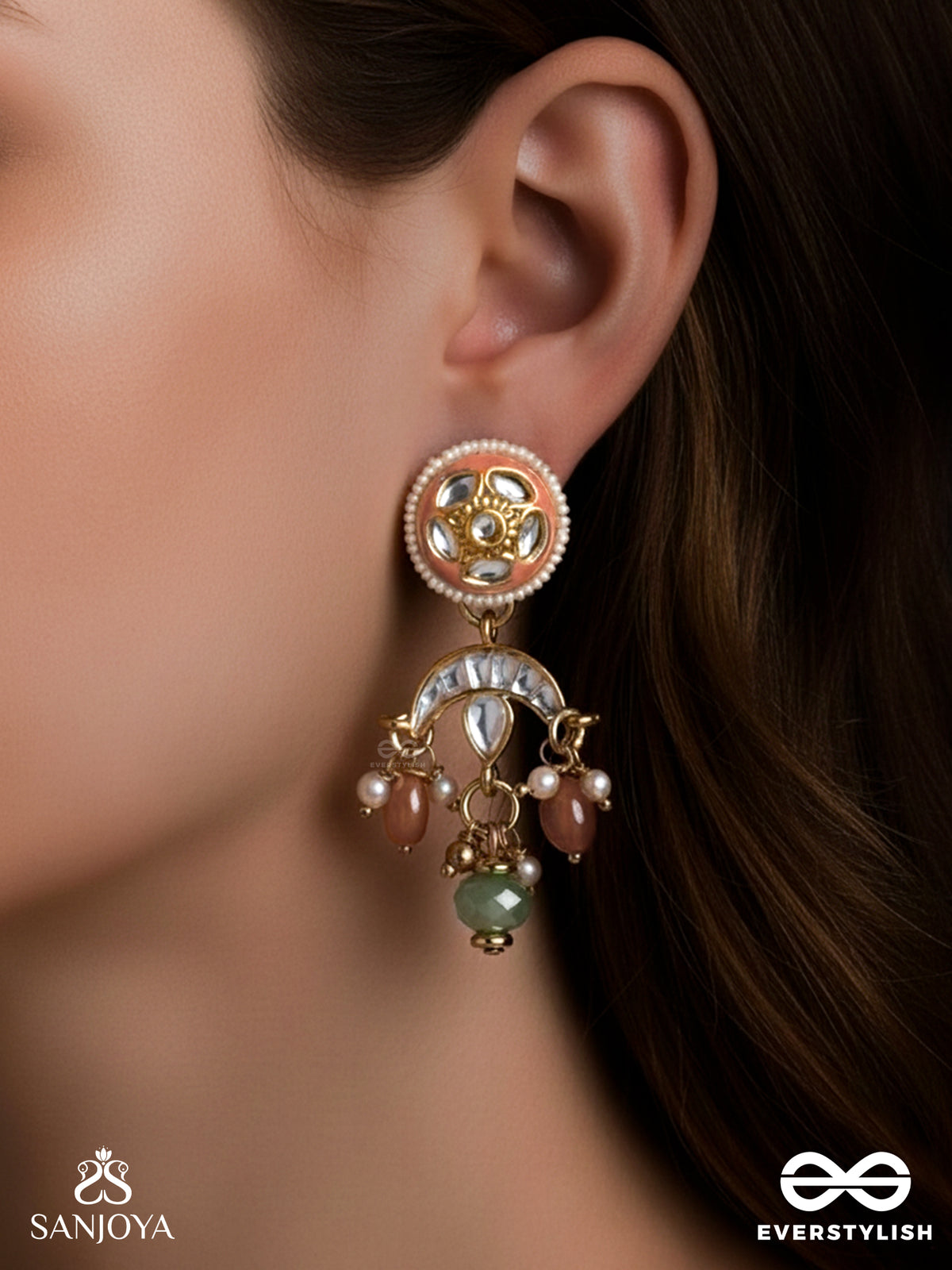 Ragtanika - Colored Composition- Heritage Style Kundan Earrings With Pearls And Beads