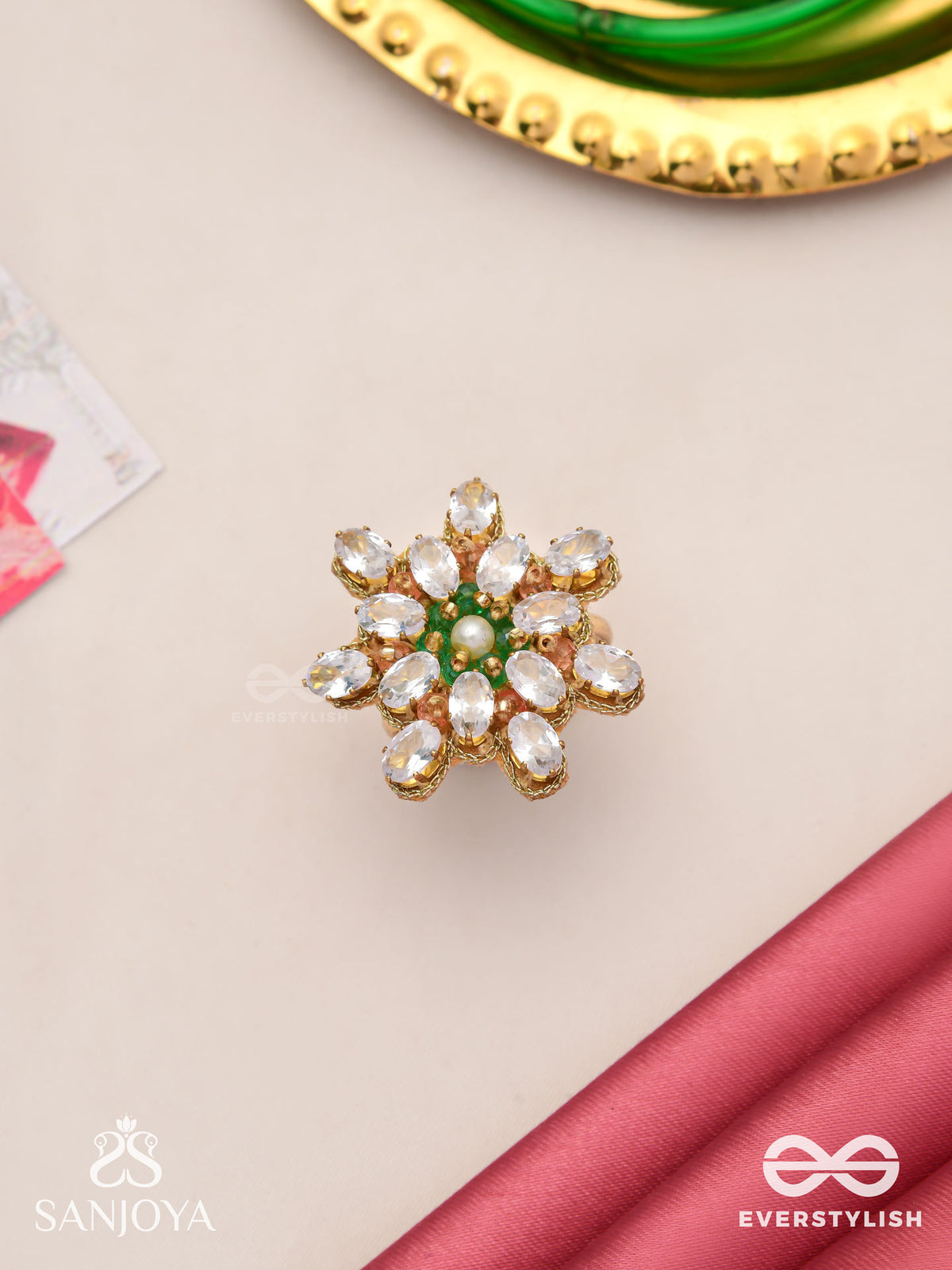 Himanshika - Snow-Kissed- Floral Ring With White Gemstones And Pearl Center