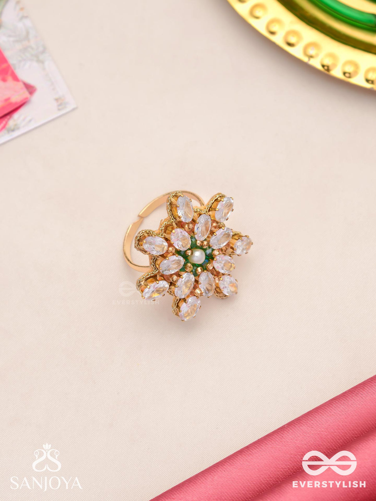 Himanshika - Snow-Kissed- Floral Ring With White Gemstones And Pearl Center