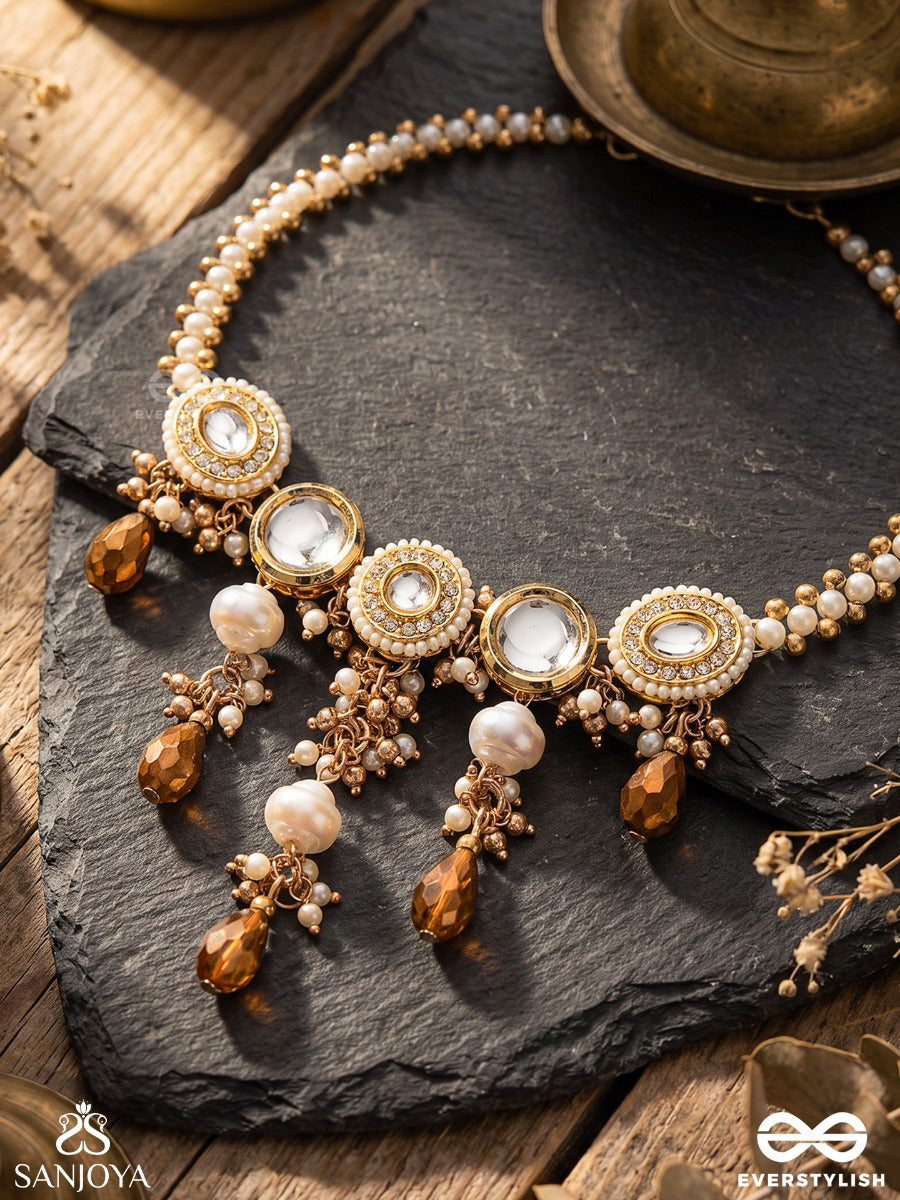 Kanaklekha - Golden Gleam- Round Polki Accented Neckpiece With Dewy White Pearls And Warm Earthy Tone Beads