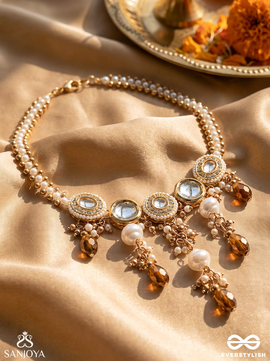 Kanaklekha - Golden Gleam- Round Polki Accented Neckpiece With Dewy White Pearls And Warm Earthy Tone Beads