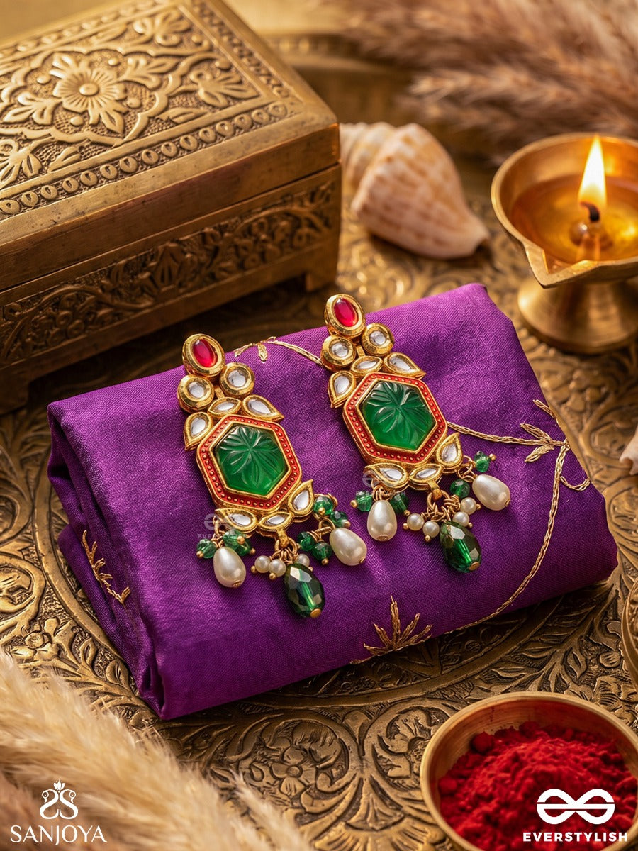 Hararasa - Essence Of Green- Kundan Earrings With Pearls, Beads And Gemstone