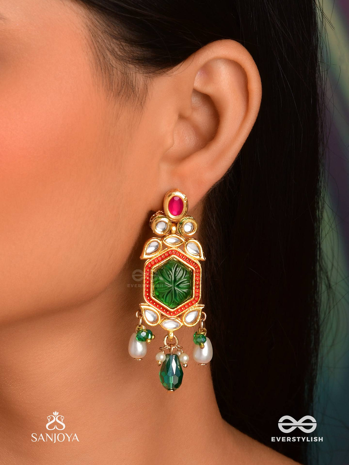 Hararasa - Essence Of Green- Kundan Earrings With Pearls, Beads And Gemstone