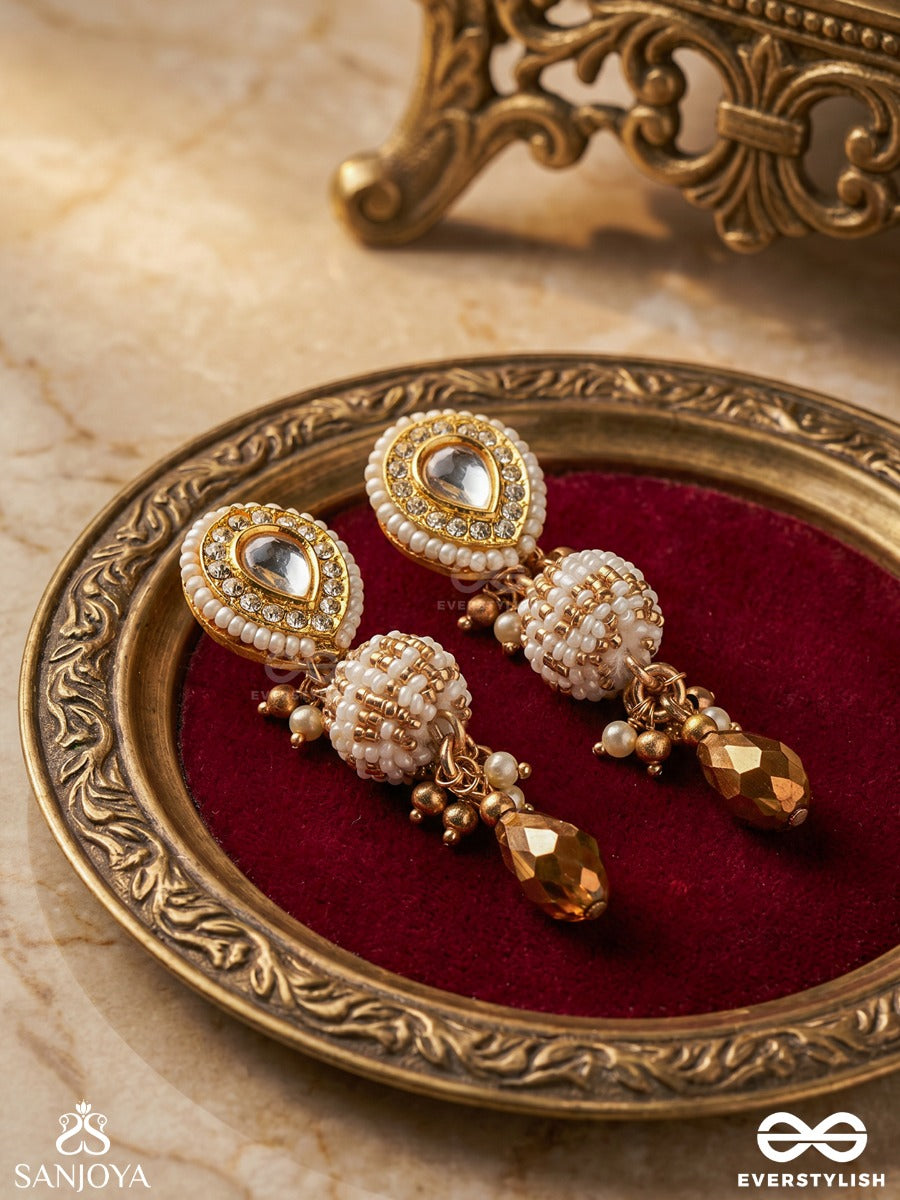 Kanaklekha - Golden Gleam- Round Polki Accented Earrings With Dewy White Pearls And Warm Earthy Tone Beads