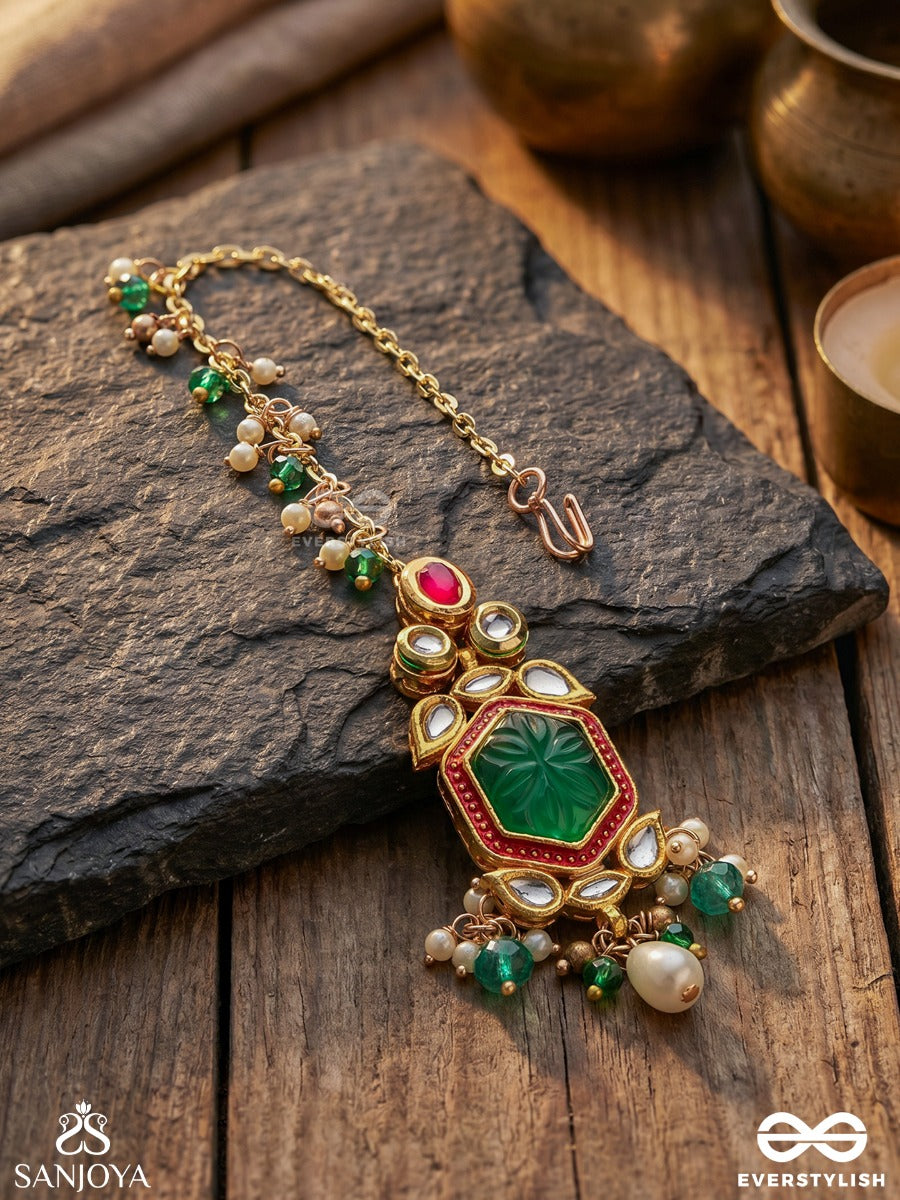 Hararasa - Essence Of Green- Kundan Maangtika With Pearls, Beads And Gemstone