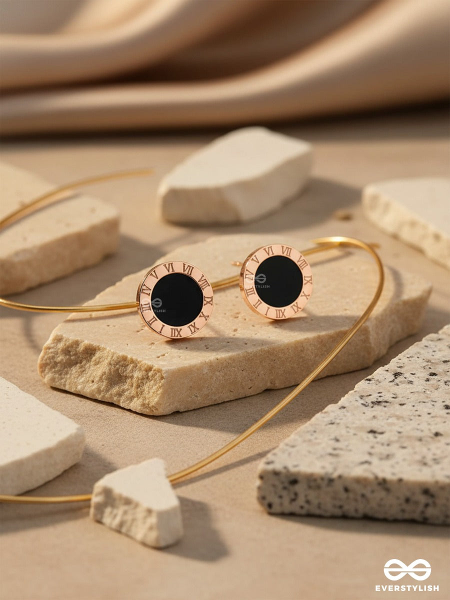 Noir Timepiece- Timeless Black And Gold Studs