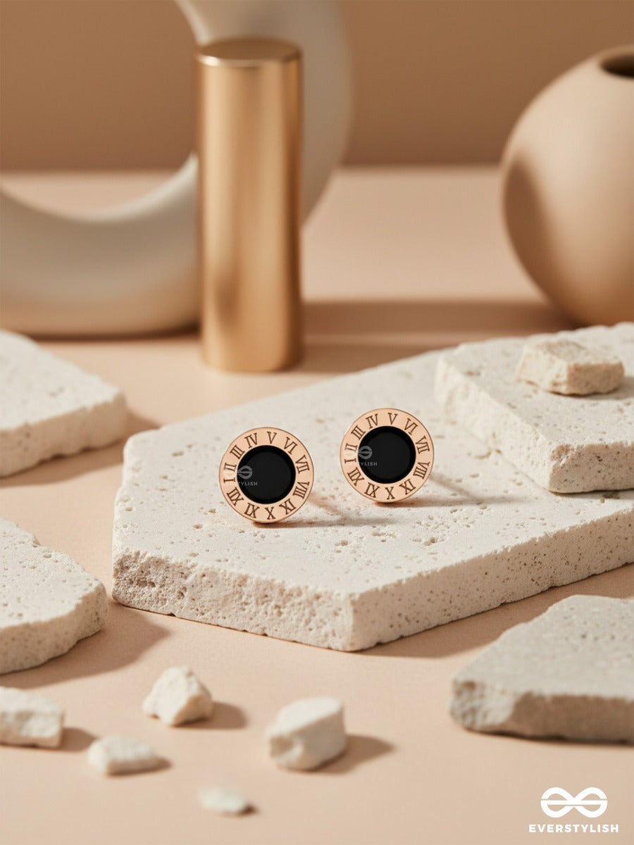 Noir Timepiece- Timeless Black And Gold Studs