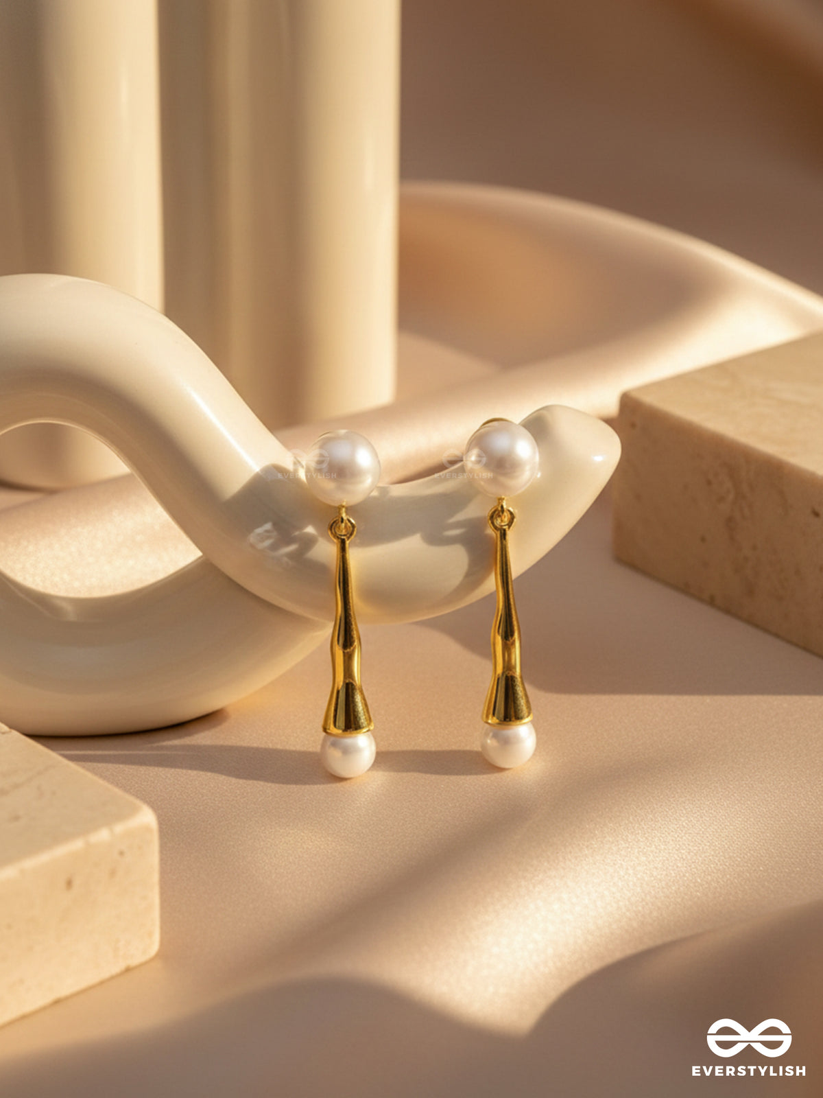Golden Pearl Drop- Contemporary Golden Drop Earrings